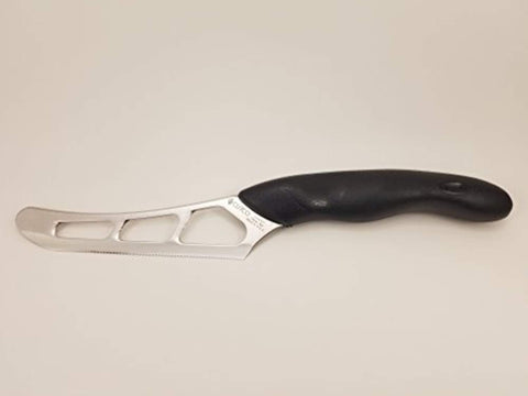 Model 1504 CUTCO Cheese Knife w/ 5.5" Micro-D® serrated edge blade & 5" black Soft Comfort-grip handle. Holes on blade’s surface helps cheese fall away during cutting.