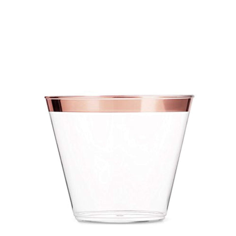 100 Rose Gold Plastic Cups - 9 Oz Disposable Gold Rimmed Plastic Tumblers For Party Holiday Wedding and Occasions - Fancy Party Cups with Gold Rim by Party-Ca