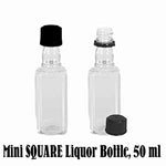 Mini SQUARE Plastic Alcohol 50ml Liquor Bottle Shots + Caps (12)