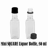 Mini SQUARE Plastic Alcohol 50ml Liquor Bottle Shots + Caps (12)