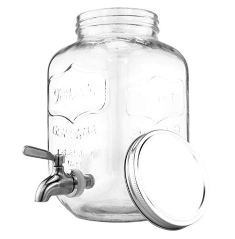 One Gallon Glass Mason Jar Beverage Dispenser w/Stainless Steel Spigot, Retro Yorkshire Style Jar, Clear Color