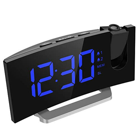 Mpow Projection Alarm Clock, 5'' LED Curved-Screen Projection Clock, FM Radio Alarm Clock, Dual Alarm Clock with 4 Alarm Sounds, 12/24 Hour, Blue