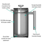 Large French Press Coffee Maker – Vacuum Insulated Stainless Steel (Gray, 34floz)