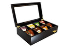 The Bamboo Leaf Wooden Tea Box Storage Chest, 8 Compartments w/Glass Window (Black)