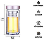 ONEISALL Double Wall Glass Travel Tea Mug with Stainless Steel Filter, Ultra Clear Spill-proof Strong Glass Tea Tumbler, 320ML (Champagne)