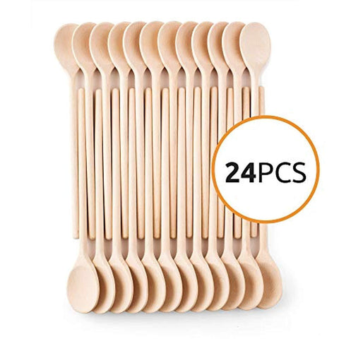 12- Inch Wooden Kitchen Spoons Baking Mixing Serving Craft Utensils Bulk Oval Spoon Puppets Long Handle Beechwood - Set of 24 - MR. WOODWARE