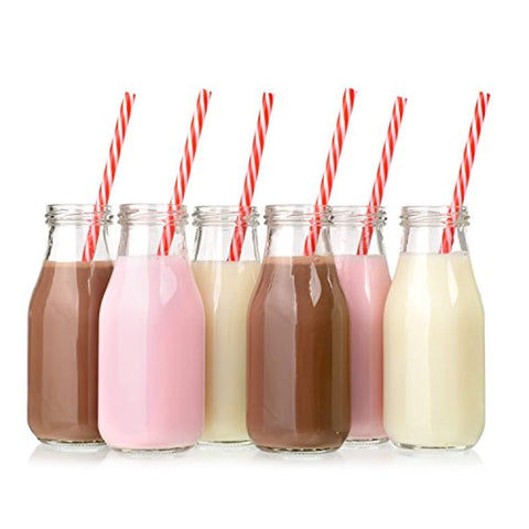 Set of 12-11 oz Glass Bottles with Lids, Vintage 11 oz Glass Milk Bottles with Lids, Vintage Breakfast Shake Container, Vintage Drinking Bottles for Party, Glass Bottle with Straw and Lid for Kids by California Home Goods