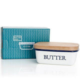 SveBake Butter Dish - Enamel Butter Boat with Beechwood Lid, White