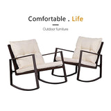 SUNCROWN Patio Rocking Chair Set, 3 Piece Brown Wicker Bistro Set Beige-White Cushion & Glass Coffee Table