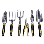 Garden Tools Set, Contains 6 pieces - Transplanter, Including Trowel, Cultivator, Weeding Fork, Weeder and Secateur. Heavy Duty Cast-aluminum Heads Ergonomic Handles Gardening Tool.FREE Garden Gloves.