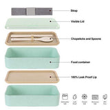 Buringer Lunch Bento Box Food Storage 2 Square Containers for Adults School Work Wheat Grass BPA Free Leak Proof with Chopsticks and Spoon (Long Khaki)