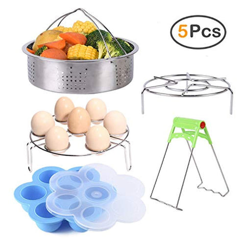 5-Piece Accessories for Instant Pot, ZOUTOG Steamer Cookware Set with Steamer Basket/Egg Steamer Rack/Steam Rack/Egg Bites Molds/Dish Clip - Fits 5, 6 and 8 Qt Pressure Cooker