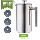 MIRA Stainless Steel French Press Coffee Maker | Double Walled Insulated Coffee & Tea Brewer Pot & Maker | Keeps Brewed Coffee or Tea Hot | 34 Oz (1000 ml) with 3 Extra Filters