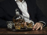 Large Skull Face Decanter with 4 Skull Shot Glasses and Beautiful Wooden Base - By The Wine Savant Use Skull Head Cup For A Whiskey, Scotch and Vodka Shot Glass, 25 Ounce Decanter 3 Ounces Shot Glass