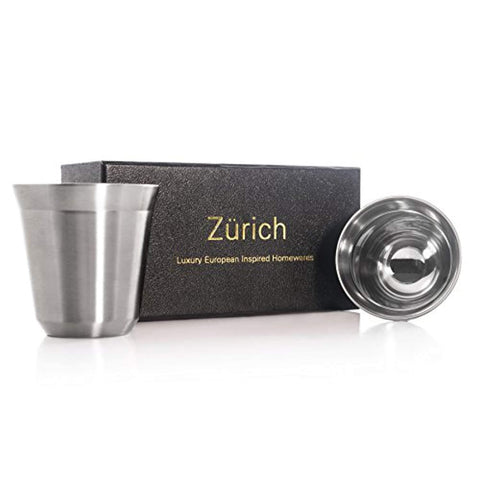 Espresso Cups 80mL - 2 x Double Wall Stainless Steel Espresso Cup by Zurich. Vacuum insulated. 80ml (2.7-oz) alternative for DeLonghi, Bodum and Nespresso Cups. (Silver)