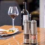 Electric Salt & Pepper Grinder Shaker Mill Set With Stand | Battery Operated | Adjustable Ceramic Coarseness Durable Stainless Steel Mills With Clear Window | For Himalayan & Sea Salt (2 pack)