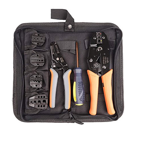 IWISS Crimping Tool Kits with Wire Stripper and Cable Cutters Suitable for Non-insulated & Insulated Cable End-sleeves Terminals or Ferrules with 5 Changeable Die Sets in Oxford Bag