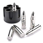 WHISKEY BULLET STONES WITH BASE - XL 2.5" Extra Large Bullet-Shaped Chillers, Unique Revolver Cylinder Freezer Base, Set of 6 Stainless Steel Chilling Stones, Gift for Whisky, Bourbon Lovers