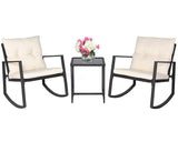 SUNCROWN Patio Rocking Chair Set, 3 Piece Brown Wicker Bistro Set Beige-White Cushion & Glass Coffee Table