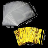 Augshy 300 Pcs Treat Bags Cello Bags 3x5" with 300 Twist Ties - 1.4 mils Thickness OPP Plastic Bags for Lollipop Candy Cake Pop Chocolate Cookie Wrapping Buffet