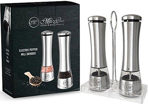 Battery Operated Salt and Pepper Grinder Set with Mill Tray & Light Function - Electric, Stainless Steel, Adjustable Coarseness