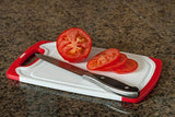 CC Boards 3-Piece Nonslip Cutting Board Set: Red and white plastic kitchen carving boards, each with juice groove and nonskid handle; dishwasher safe