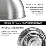 Mixing Bowls Stainless Steel, Thickened Premium Nesting Bowls by Umite Chef, Matte and Mirror Finish, For Healthy Meal, Nesting and Stack able, Set of 6 Sizes 1.59, 2.11, 2.85, 3.59, 4.65, 5.50 QT