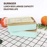 Buringer Lunch Bento Box Food Storage 2 Square Containers for Adults School Work Wheat Grass BPA Free Leak Proof with Chopsticks and Spoon (Long Khaki)