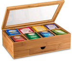 Tea Organizer Bamboo Tea Box with Small Drawer 100% Natural Bamboo Tea Chest - Great Gift Idea