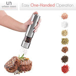 Electric Salt and Pepper Grinder Set - Battery Operated Stainless Steel Mill with Light (Pack of 2 Mills) - Electronic Adjustable Shakers - Ceramic Grinders - Automatic One Handed Operation