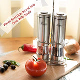 Battery Operated Salt and Pepper Grinder Set - Electric Stainless Steel Salt&Pepper Mills(2) by Flafster Kitchen -Tall Power Shakers with Stand - Ceramic Grinders with lights and Adjustable Coarseness