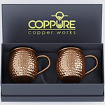 COPPure Moscow Mule Copper Mugs Set of 2 - Pure 100% Solid Hammered, Unlined Copper Cups For Icy Cold Cocktails - Recipes Included - Makes A Perfect Gift