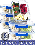 [LIFETIME LIDS 6 PACK] LARGE Premium 6 Sets 3 Compartment Glass Meal Prep Containers 3 Compartment with Snap Locking Lids, BPA-Free, Microwave, Oven, Freezer, Dishwasher Safe (4.5 Cup, 36 Oz,)