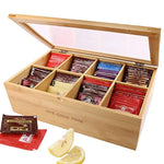 Bamboo Tea Bag Container, “GOOD TIME” Engraved Tea Box Organizer, Tea Bag Chest With Transparent Lid, 8 Compartments organizers and storage With Magnetic Closure By HTB