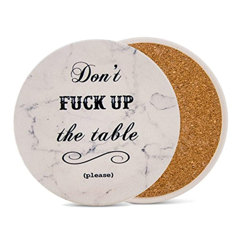 Urban Mosh Coasters for Drinks - Funny Absorbent Ceramic Stone Set of 6 White Marble Style with Cork Backing and Holder Included, Protect Your Furniture From Spills, Scratches, Water Rings and Damage