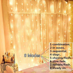 Juhefa Curtain Lights, USB Powered Fairy Lights String,IP64 Waterproof & 8 Modes Twinkle Lights for Parties, Bedroom Wedding,Valentines' Day Wall Decorations (300 LEDs,9.8x9.8Ft, Warm White)