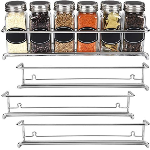 Spice Rack Organizer for Cabinet, Door Mount, or Wall Mounted - Set of 4 Chrome Tiered Hanging Shelf for Spice Jars - Storage in Cupboard, Kitchen or Pantry - Display bottles on shelves, in cabinets