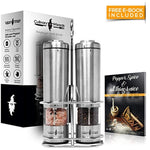 Battery operated Salt and Pepper Grinder set - 2 Electric pepper mill grinders - Stainless Steel - Carry Stand - LED light - Adjustable Coarseness - Automatic salt n pepper shakers by Culinary Wizards