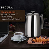 Secura French Press Coffee Maker, 50-Ounce, 18/10 Stainless Steel Insulated Coffee Press with Extra Screen