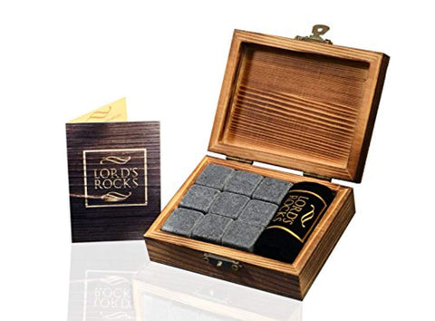 Whiskey Stones Gift Set - 9 Granite Chilling Whisky Rocks - no water dilution - stored in Wooden Premium Box – Best quality Bar Accessories for Any Beverages by Lord’s Rocks