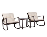 SUNCROWN Patio Rocking Chair Set, 3 Piece Brown Wicker Bistro Set Beige-White Cushion & Glass Coffee Table