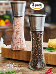 Salt and Pepper Grinder Set - Mill and Shakers Kit - Brushed Stainless Steel, Tall Premium Glass and Adjustable Ceramic Grinding System for Cooking Spices - Perfect on Kitchen by Braviloni