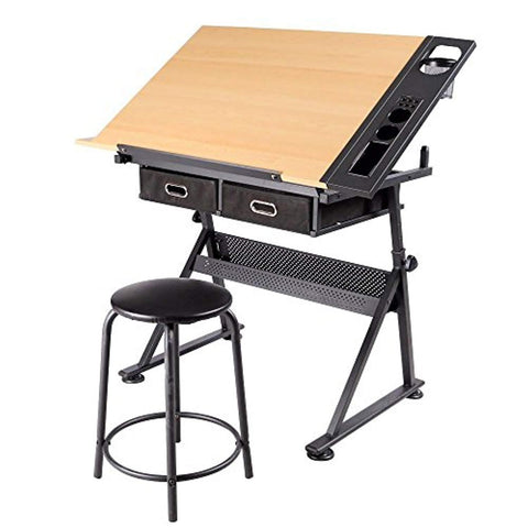 Yaheetech Height Adjustable Drafting Table Desk Drawing Table Desk with P2 Tiltable Tabletop, Stool and 2 Storage Drawers for Reading, Writing,Studying Art Craft Work Station