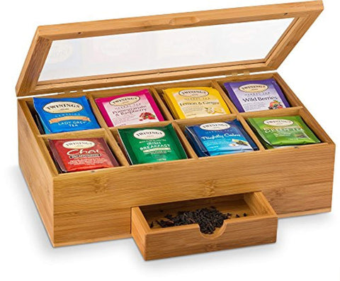 Tea Organizer Bamboo Tea Box with Small Drawer 100% Natural Bamboo Tea Chest - Great Gift Idea