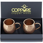 COPPure Moscow Mule Copper Mugs Set of 2 - Pure 100% Solid Hammered, Unlined Copper Cups For Icy Cold Cocktails - Recipes Included - Makes A Perfect Gift