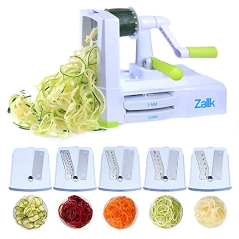 Zalik 5-Blade Spiralizer - Vegetable Spiral Slicer With Powerful Suction Base - Strong & Heavy Duty Veggie Pasta Spaghetti Maker for Low Carb/Paleo/Gluten-Free Meals With Extra Blade Storage Caddy