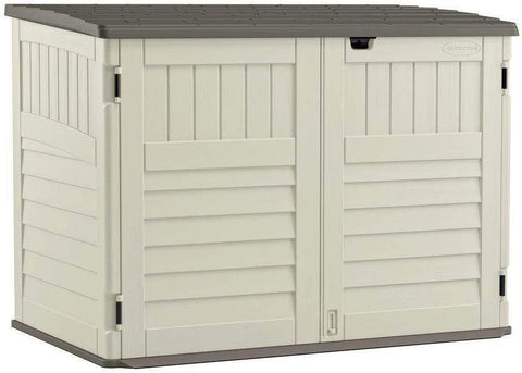 Suncast 5' x 3' Horizontal Stow-Away Storage Shed - Natural Wood-like Outdoor Storage for Trash Cans and Yard Tools - All-Weather Resin, Hinged Lid, Reinforced Floor - Vanilla and Stoney