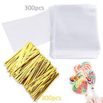 Augshy 300 Pcs Treat Bags Cello Bags 3x5" with 300 Twist Ties - 1.4 mils Thickness OPP Plastic Bags for Lollipop Candy Cake Pop Chocolate Cookie Wrapping Buffet