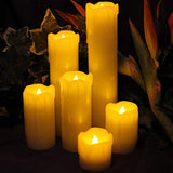 LED Lytes Timer LED Candles - Slim Set of 6, 2" Wide and 2"- 9" Tall, Ivory dripping Wax and Flickering Amber Yellow Flame Battery Operated Electric Candle