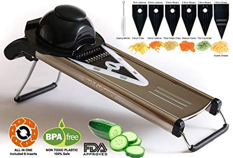 V Blade Stainless Steel Mandoline Slicer - Fruit and Food Slicer, Vegetable Cutter, Cheese Grater - Vegetable Julienne Slicer with Surgical Grade Stainless Steel Blades - Includes 6 Different Inserts